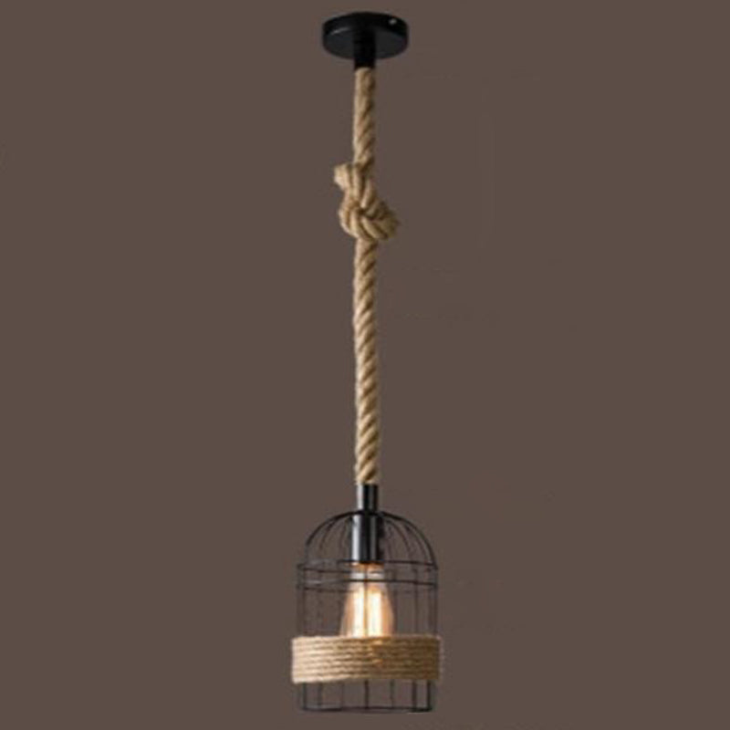 Birdcage Iron Pendant Light Antique Restaurant Hanging Light with Dangling Rope in Black 1 Black Clearhalo 'Art Deco Pendants' 'Black' 'Cast Iron' 'Ceiling Lights' 'Ceramic' 'Crystal' 'Industrial Pendants' 'Industrial' 'Metal' 'Middle Century Pendants' 'Pendant Lights' 'Pendants' 'Rustic Pendants' 'Tiffany' Lighting' 2227824