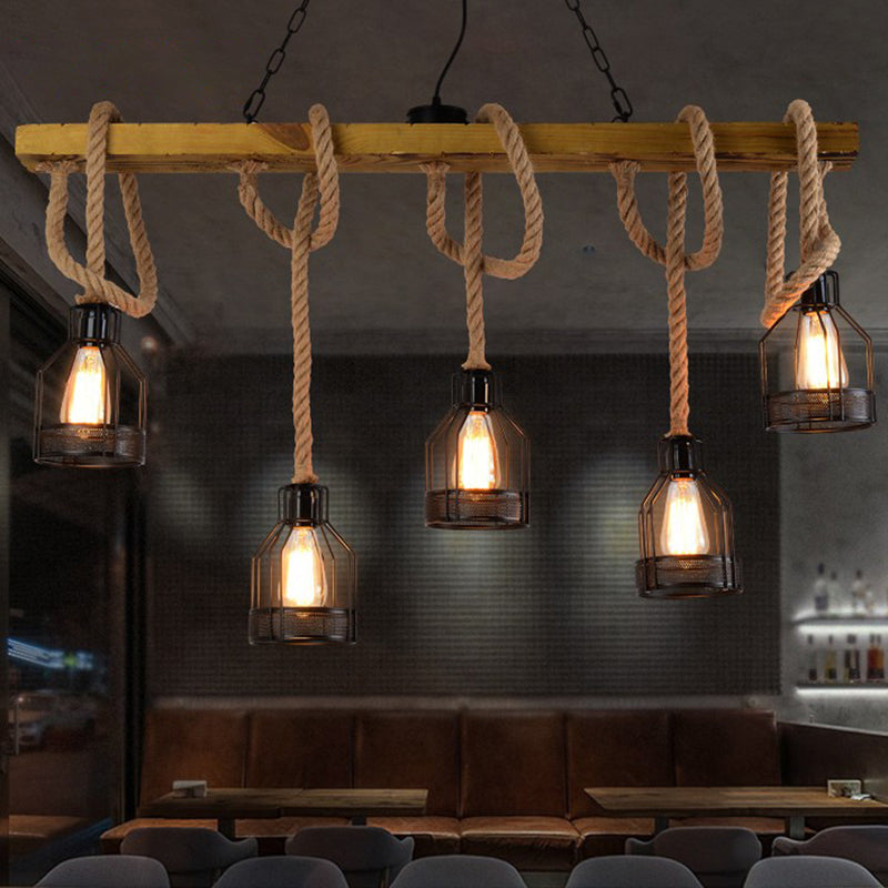 Wood Dangling Island Light Fixture Rustic 5 Heads Restaurant Ceiling Pendant Light with Cage Clearhalo 'Ceiling Lights' 'Island Lights' Lighting' 2227825