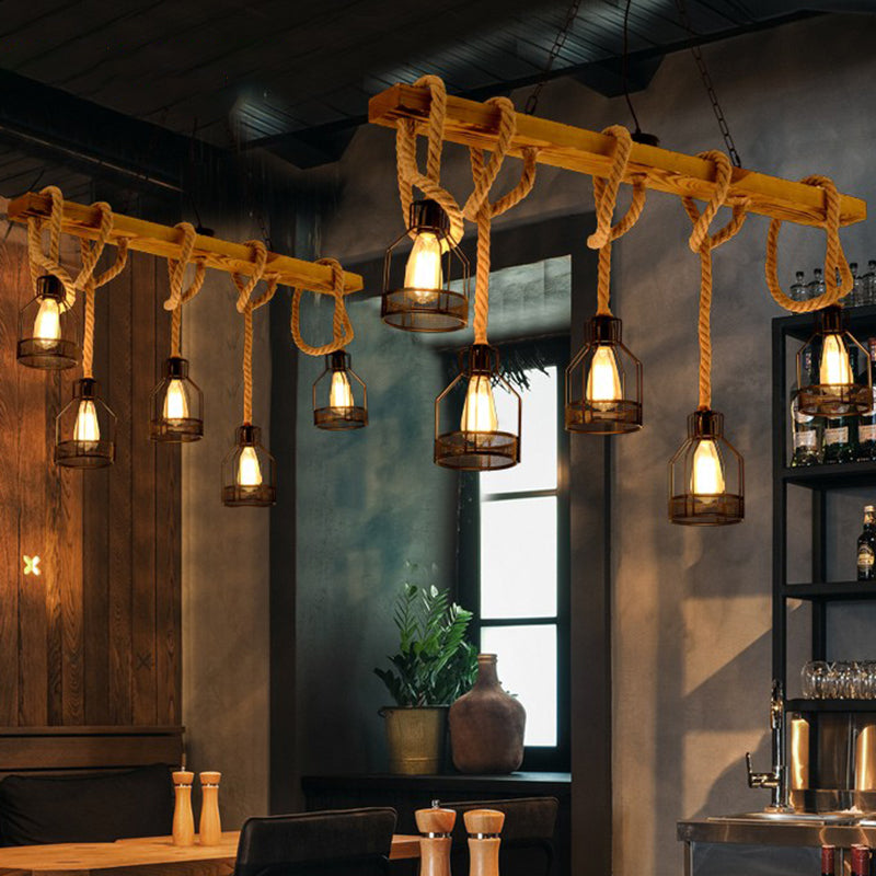 Wood Dangling Island Light Fixture Rustic 5 Heads Restaurant Ceiling Pendant Light with Cage Clearhalo 'Ceiling Lights' 'Island Lights' Lighting' 2227827