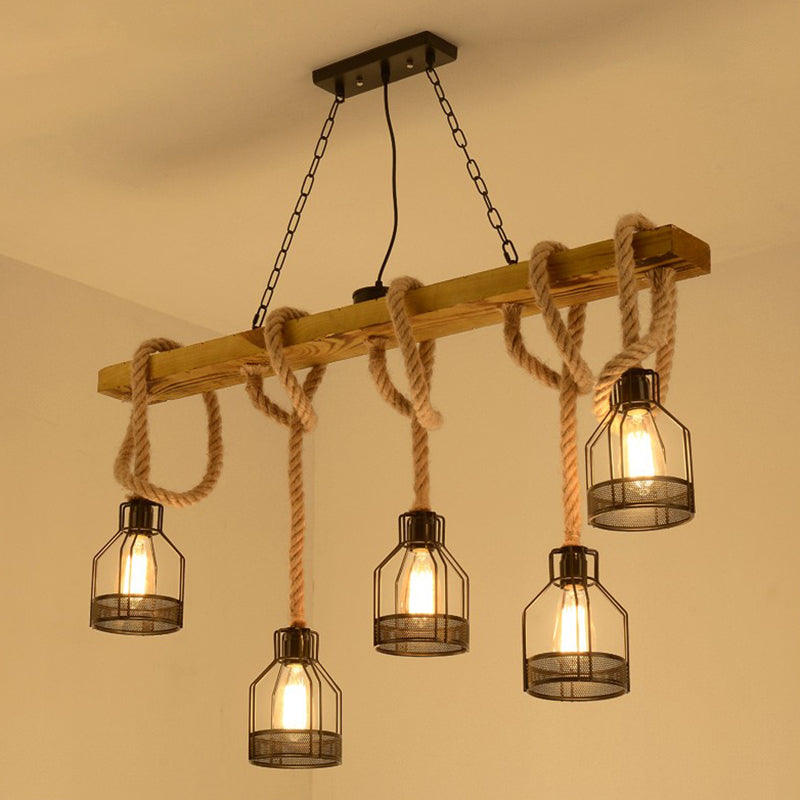 Wood Dangling Island Light Fixture Rustic 5 Heads Restaurant Ceiling Pendant Light with Cage Clearhalo 'Ceiling Lights' 'Island Lights' Lighting' 2227828