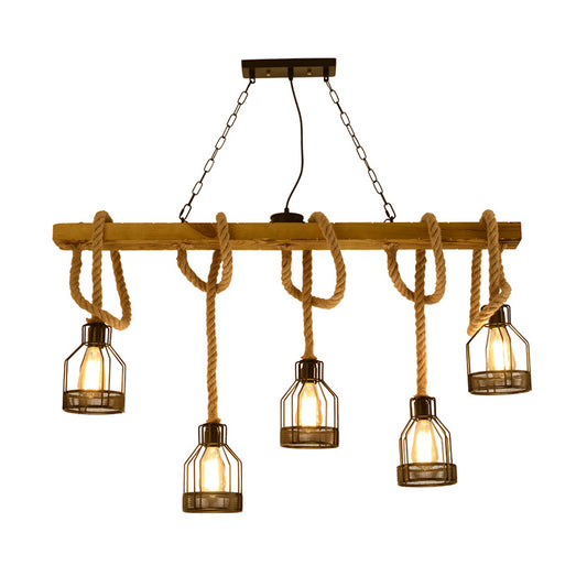 Wood Dangling Island Light Fixture Rustic 5 Heads Restaurant Ceiling Pendant Light with Cage Wood Clearhalo 'Ceiling Lights' 'Island Lights' Lighting' 2227829