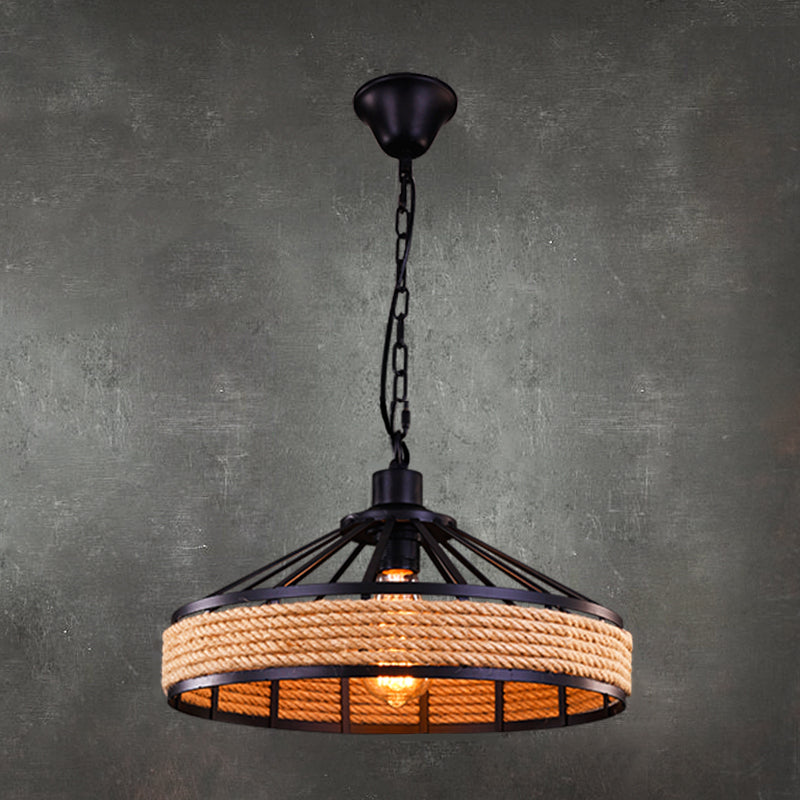 Yurt Hemp Rope Hanging Lamp Vintage Single-Bulb Restaurant Lighting Pendant in Black Black Clearhalo 'Art Deco Pendants' 'Black' 'Cast Iron' 'Ceiling Lights' 'Ceramic' 'Crystal' 'Industrial Pendants' 'Industrial' 'Metal' 'Middle Century Pendants' 'Pendant Lights' 'Pendants' 'Rustic Pendants' 'Tiffany' Lighting' 2227840