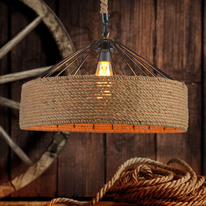 Drum Restaurant Pendant Light Antique Handmade Hemp Rope Single Flaxen Hanging Light Fixture Clearhalo 'Art Deco Pendants' 'Cast Iron' 'Ceiling Lights' 'Ceramic' 'Crystal' 'Industrial Pendants' 'Industrial' 'Metal' 'Middle Century Pendants' 'Pendant Lights' 'Pendants' 'Tiffany' Lighting' 2227845