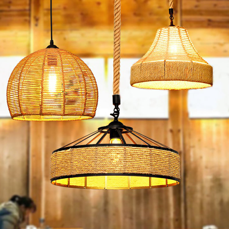 Hemp Rope Shaded Hanging Light Rustic 1��Bulb Restaurant Pendant Light Fixture in Brown Clearhalo 'Ceiling Lights' 'Industrial Pendants' 'Industrial' 'Middle Century Pendants' 'Pendant Lights' 'Pendants' 'Tiffany' Lighting' 2227860