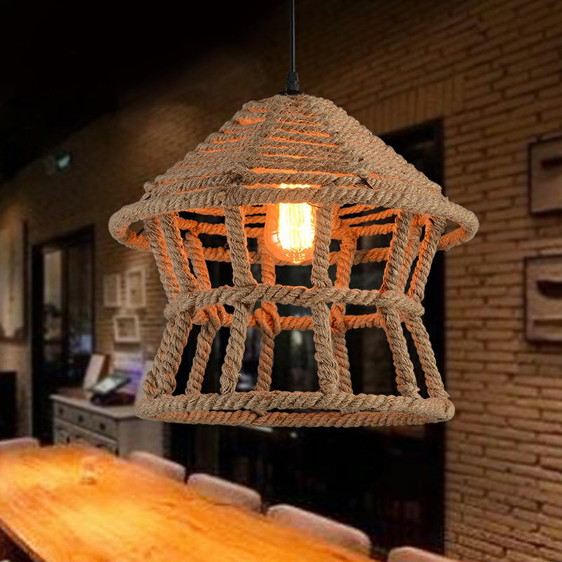 1 Head Suspension Lighting Retro House Shaped Hemp Rope Pendant Ceiling Light in Brown Clearhalo 'Ceiling Lights' 'Industrial Pendants' 'Industrial' 'Middle Century Pendants' 'Pendant Lights' 'Pendants' 'Tiffany' Lighting' 2227879