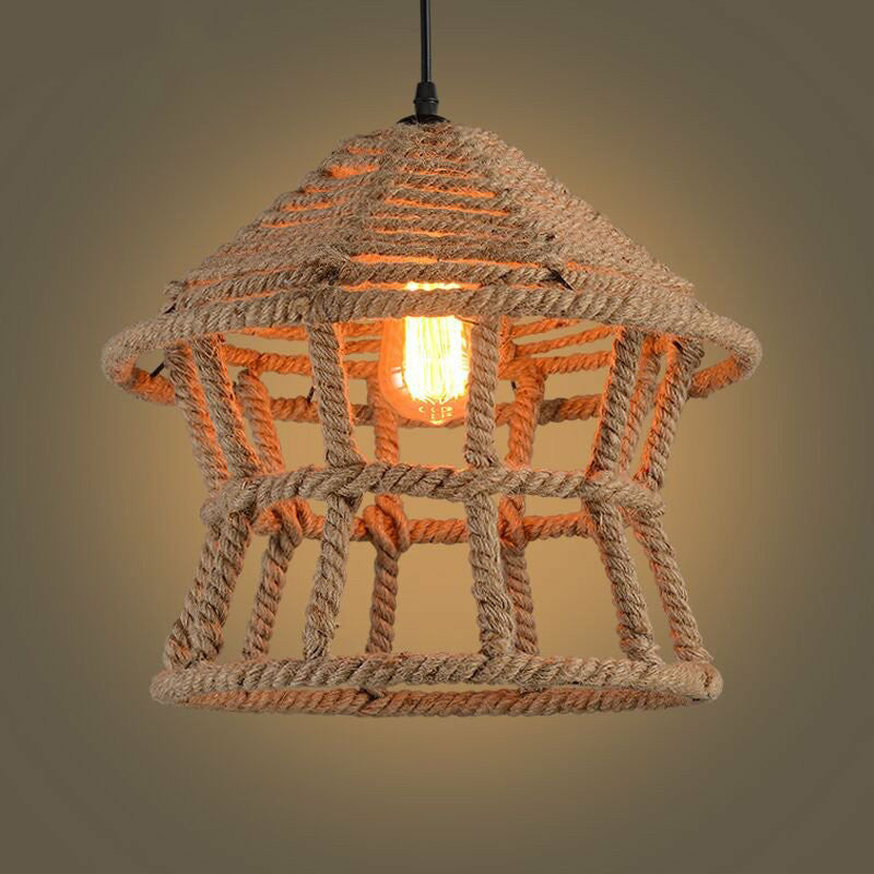 1 Head Suspension Lighting Retro House Shaped Hemp Rope Pendant Ceiling Light in Brown Brown Clearhalo 'Ceiling Lights' 'Industrial Pendants' 'Industrial' 'Middle Century Pendants' 'Pendant Lights' 'Pendants' 'Tiffany' Lighting' 2227880