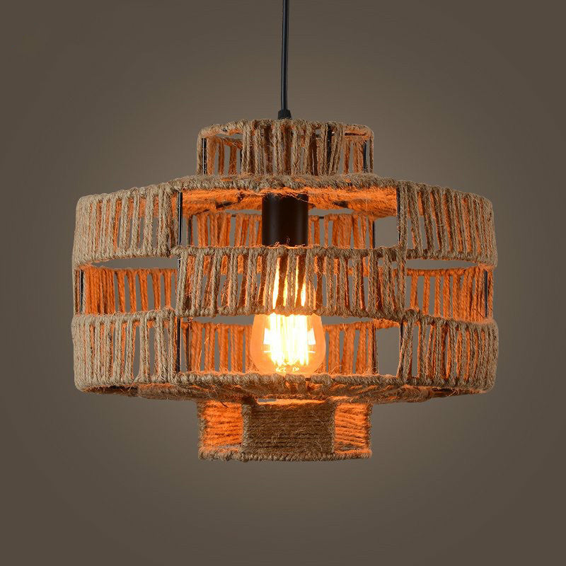 Industrial Lantern Ceiling Light Single Hemp Rope Hanging Pendant Lighting in Brown Brown Clearhalo 'Ceiling Lights' 'Industrial Pendants' 'Industrial' 'Middle Century Pendants' 'Pendant Lights' 'Pendants' 'Tiffany' Lighting' 2227890