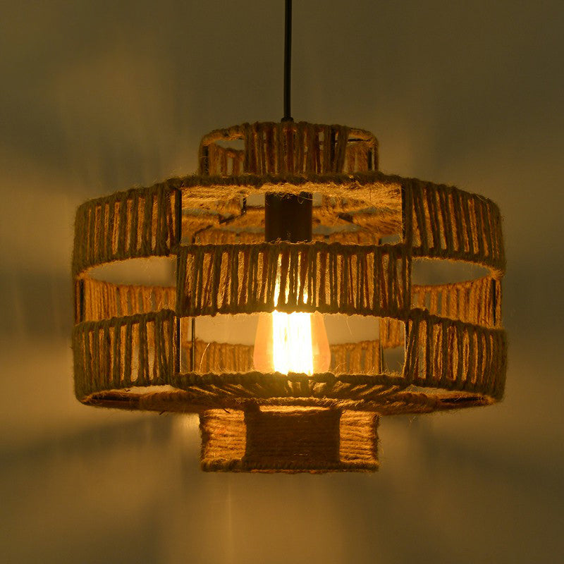 Industrial Lantern Ceiling Light Single Hemp Rope Hanging Pendant Lighting in Brown Clearhalo 'Ceiling Lights' 'Industrial Pendants' 'Industrial' 'Middle Century Pendants' 'Pendant Lights' 'Pendants' 'Tiffany' Lighting' 2227891