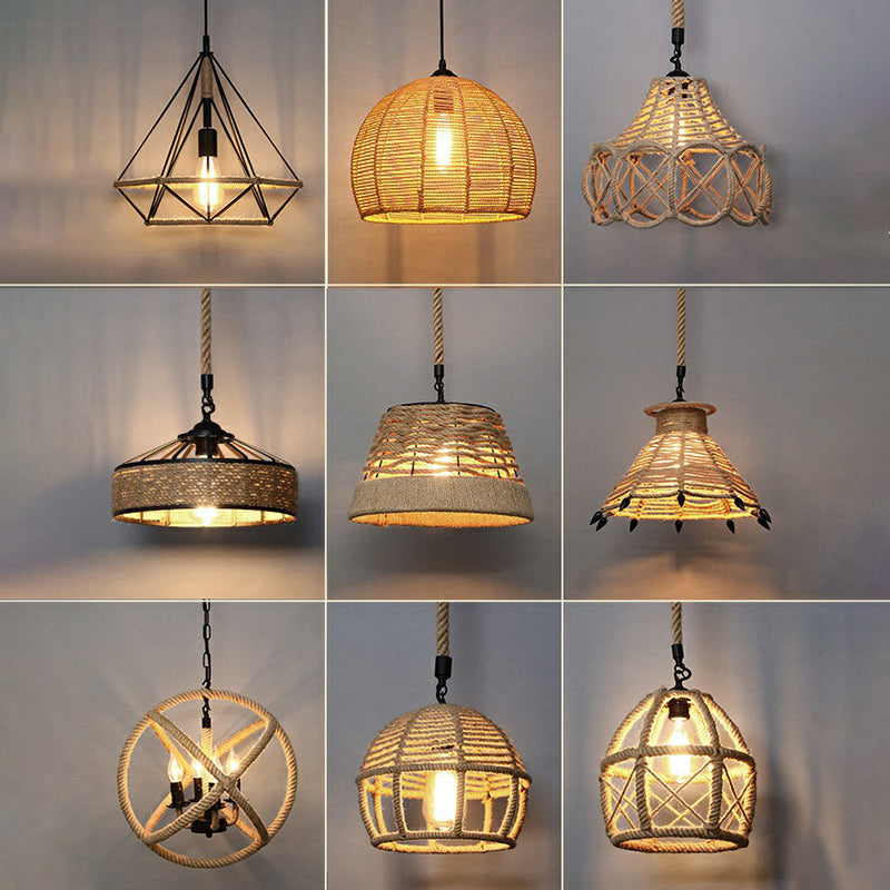 Wrapped Hemp Rope Hanging Lamp Vintage Single-Bulb Restaurant Lighting Pendant in Brown Clearhalo 'Ceiling Lights' 'Industrial Pendants' 'Industrial' 'Middle Century Pendants' 'Pendant Lights' 'Pendants' 'Tiffany' Lighting' 2227901