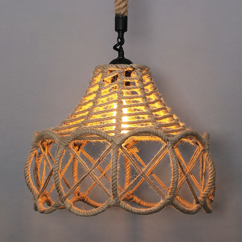 Wrapped Hemp Rope Hanging Lamp Vintage Single-Bulb Restaurant Lighting Pendant in Brown Brown H Clearhalo 'Ceiling Lights' 'Industrial Pendants' 'Industrial' 'Middle Century Pendants' 'Pendant Lights' 'Pendants' 'Tiffany' Lighting' 2227902