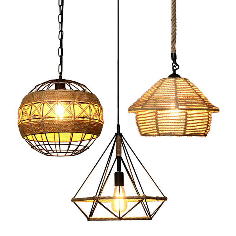 Wrapped Hemp Rope Hanging Lamp Vintage Single-Bulb Restaurant Lighting Pendant in Brown Clearhalo 'Ceiling Lights' 'Industrial Pendants' 'Industrial' 'Middle Century Pendants' 'Pendant Lights' 'Pendants' 'Tiffany' Lighting' 2227903