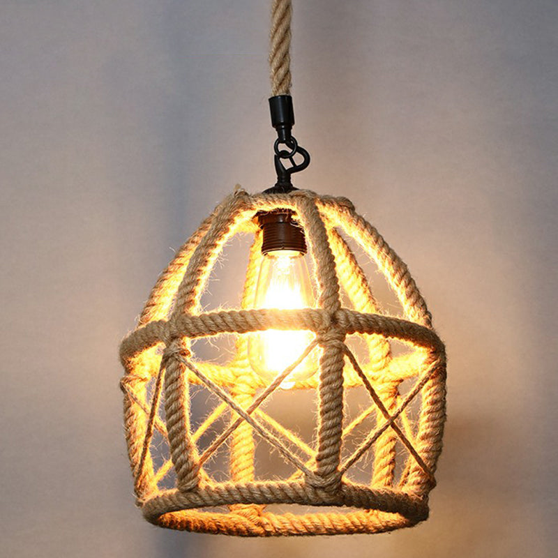 Wrapped Hemp Rope Hanging Lamp Vintage Single-Bulb Restaurant Lighting Pendant in Brown Brown K Clearhalo 'Ceiling Lights' 'Industrial Pendants' 'Industrial' 'Middle Century Pendants' 'Pendant Lights' 'Pendants' 'Tiffany' Lighting' 2227904