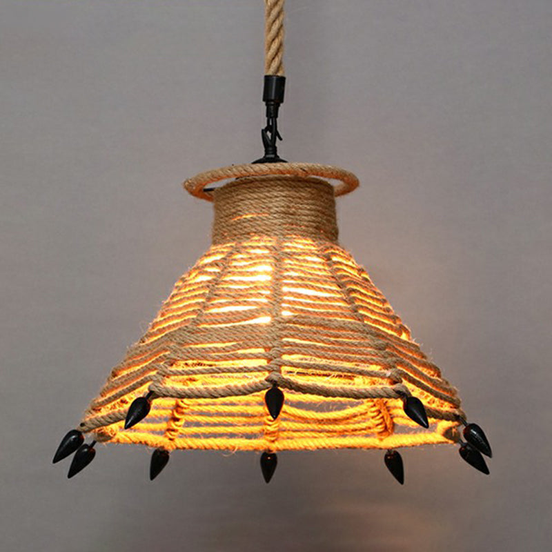 Wrapped Hemp Rope Hanging Lamp Vintage Single-Bulb Restaurant Lighting Pendant in Brown Brown J Clearhalo 'Ceiling Lights' 'Industrial Pendants' 'Industrial' 'Middle Century Pendants' 'Pendant Lights' 'Pendants' 'Tiffany' Lighting' 2227909