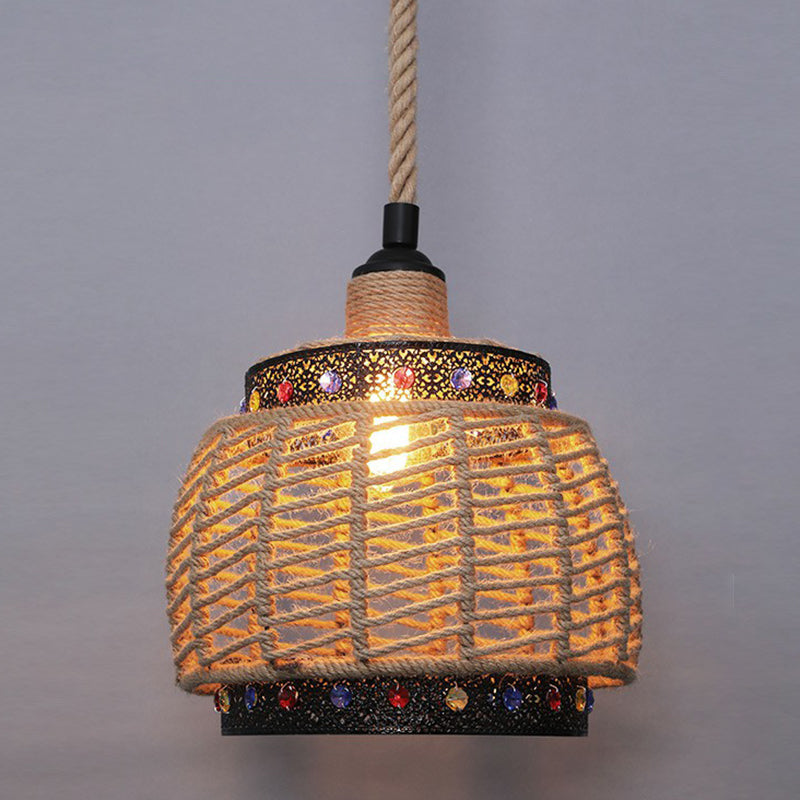 Wrapped Hemp Rope Hanging Lamp Vintage Single-Bulb Restaurant Lighting Pendant in Brown Brown M Clearhalo 'Ceiling Lights' 'Industrial Pendants' 'Industrial' 'Middle Century Pendants' 'Pendant Lights' 'Pendants' 'Tiffany' Lighting' 2227914