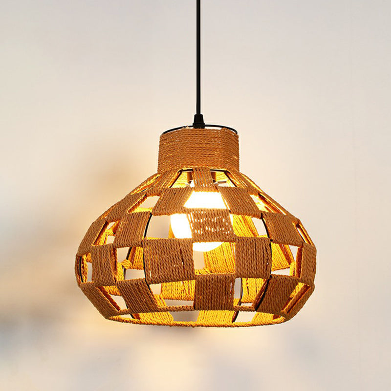 Hemp Rope Shaded Pendant Light Antique 1-Light Restaurant Hanging Light Fixture in Brown Brown H Clearhalo 'Ceiling Lights' 'Industrial Pendants' 'Industrial' 'Middle Century Pendants' 'Pendant Lights' 'Pendants' 'Tiffany' Lighting' 2227917