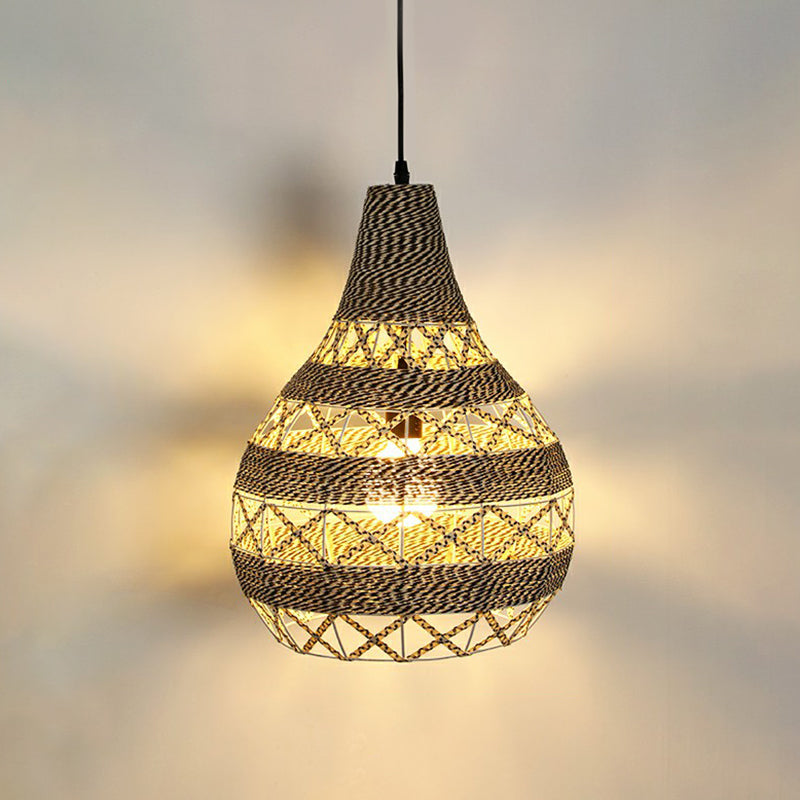 Hemp Rope Shaded Pendant Light Antique 1-Light Restaurant Hanging Light Fixture in Brown Brown G Clearhalo 'Ceiling Lights' 'Industrial Pendants' 'Industrial' 'Middle Century Pendants' 'Pendant Lights' 'Pendants' 'Tiffany' Lighting' 2227929