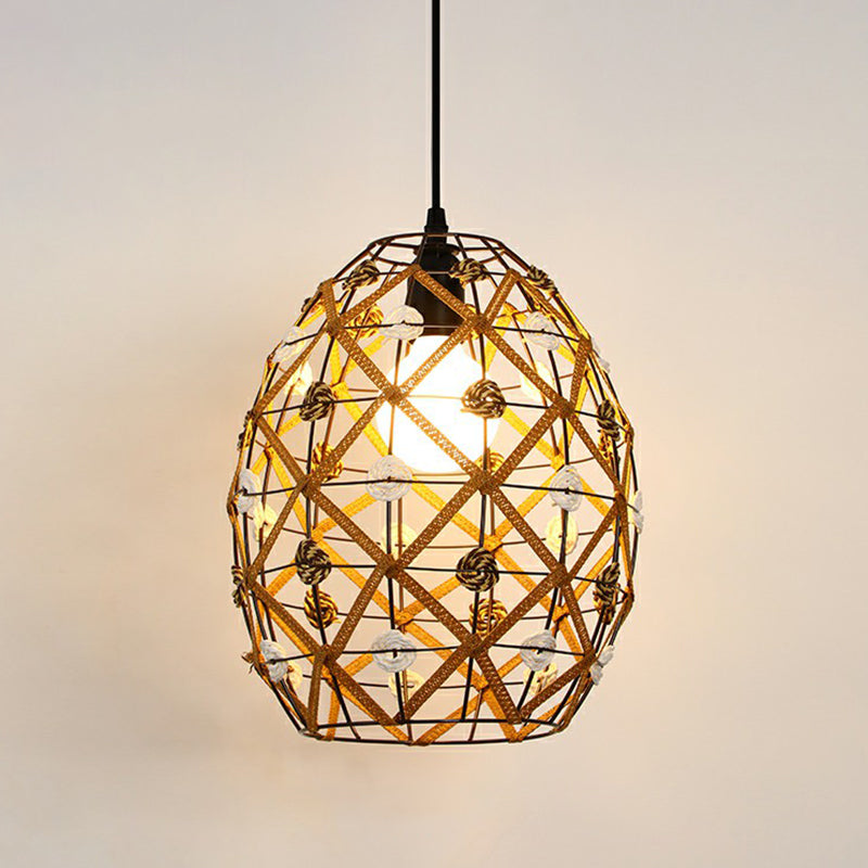 Hemp Rope Shaded Pendant Light Antique 1-Light Restaurant Hanging Light Fixture in Brown Brown K Clearhalo 'Ceiling Lights' 'Industrial Pendants' 'Industrial' 'Middle Century Pendants' 'Pendant Lights' 'Pendants' 'Tiffany' Lighting' 2227933