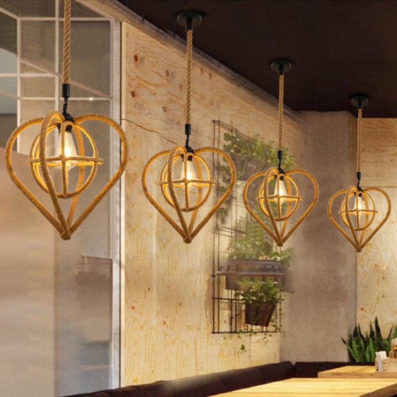 Hemp Rope Caged Hanging Light Vintage Single-Bulb Restaurant Lighting Pendant in Brown Clearhalo 'Ceiling Lights' 'Industrial Pendants' 'Industrial' 'Middle Century Pendants' 'Pendant Lights' 'Pendants' 'Tiffany' Lighting' 2227948