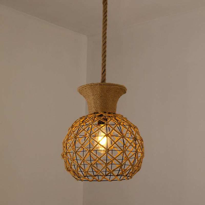 Hemp Rope Caged Hanging Light Vintage Single-Bulb Restaurant Lighting Pendant in Brown Brown F Clearhalo 'Ceiling Lights' 'Industrial Pendants' 'Industrial' 'Middle Century Pendants' 'Pendant Lights' 'Pendants' 'Tiffany' Lighting' 2227949