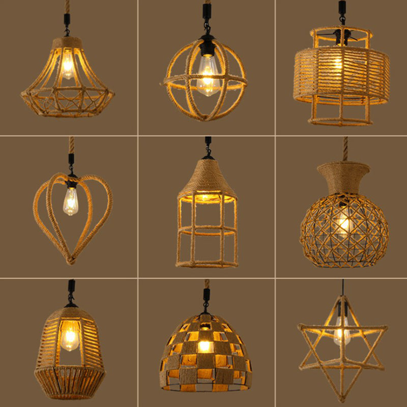 Hemp Rope Caged Hanging Light Vintage Single-Bulb Restaurant Lighting Pendant in Brown Clearhalo 'Ceiling Lights' 'Industrial Pendants' 'Industrial' 'Middle Century Pendants' 'Pendant Lights' 'Pendants' 'Tiffany' Lighting' 2227950