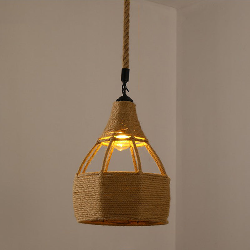 Hemp Rope Caged Hanging Light Vintage Single-Bulb Restaurant Lighting Pendant in Brown Brown K Clearhalo 'Ceiling Lights' 'Industrial Pendants' 'Industrial' 'Middle Century Pendants' 'Pendant Lights' 'Pendants' 'Tiffany' Lighting' 2227951