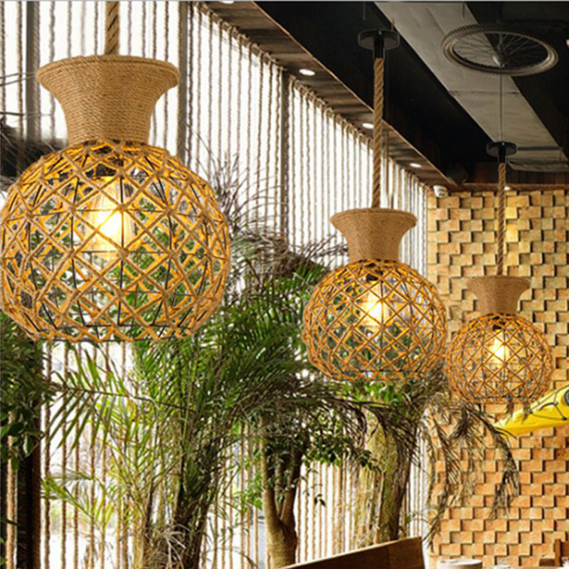 Hemp Rope Caged Hanging Light Vintage Single-Bulb Restaurant Lighting Pendant in Brown Clearhalo 'Ceiling Lights' 'Industrial Pendants' 'Industrial' 'Middle Century Pendants' 'Pendant Lights' 'Pendants' 'Tiffany' Lighting' 2227952