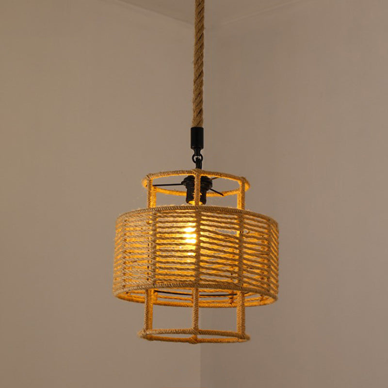 Hemp Rope Caged Hanging Light Vintage Single-Bulb Restaurant Lighting Pendant in Brown Brown C Clearhalo 'Ceiling Lights' 'Industrial Pendants' 'Industrial' 'Middle Century Pendants' 'Pendant Lights' 'Pendants' 'Tiffany' Lighting' 2227953