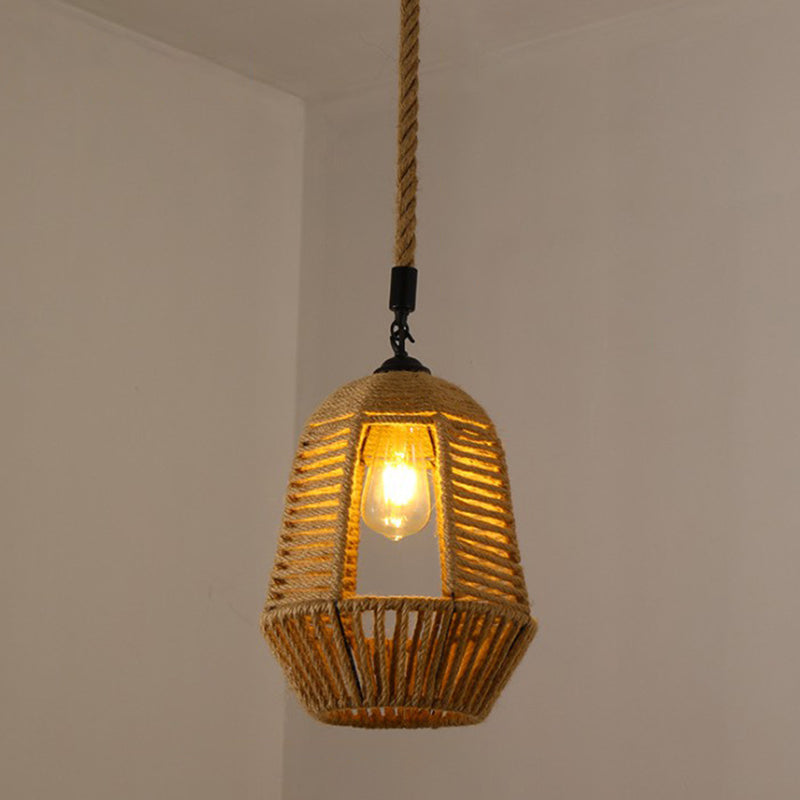 Hemp Rope Caged Hanging Light Vintage Single-Bulb Restaurant Lighting Pendant in Brown Brown H Clearhalo 'Ceiling Lights' 'Industrial Pendants' 'Industrial' 'Middle Century Pendants' 'Pendant Lights' 'Pendants' 'Tiffany' Lighting' 2227954