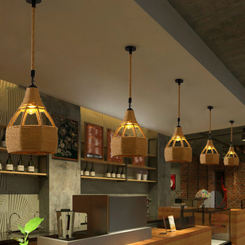 Hemp Rope Caged Hanging Light Vintage Single-Bulb Restaurant Lighting Pendant in Brown Clearhalo 'Ceiling Lights' 'Industrial Pendants' 'Industrial' 'Middle Century Pendants' 'Pendant Lights' 'Pendants' 'Tiffany' Lighting' 2227955