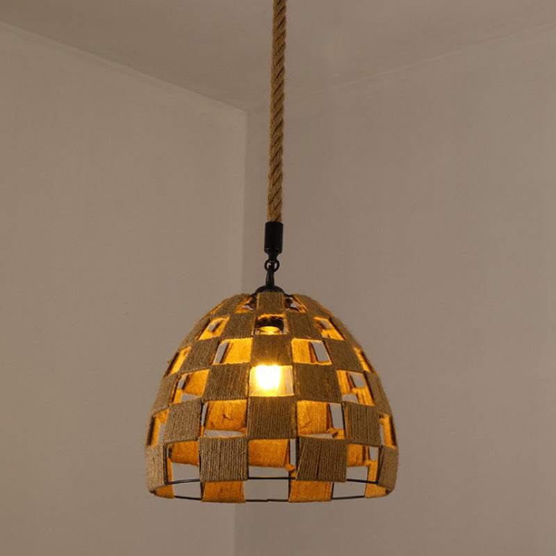 Hemp Rope Caged Hanging Light Vintage Single-Bulb Restaurant Lighting Pendant in Brown Brown I Clearhalo 'Ceiling Lights' 'Industrial Pendants' 'Industrial' 'Middle Century Pendants' 'Pendant Lights' 'Pendants' 'Tiffany' Lighting' 2227957