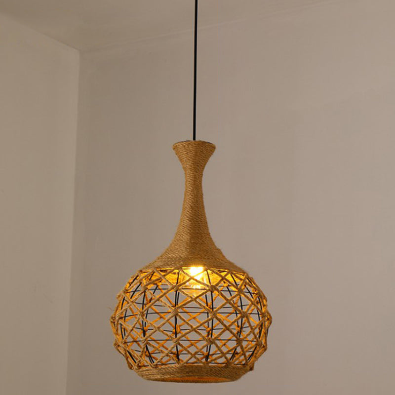 Hemp Rope Caged Hanging Light Vintage Single-Bulb Restaurant Lighting Pendant in Brown Brown N Clearhalo 'Ceiling Lights' 'Industrial Pendants' 'Industrial' 'Middle Century Pendants' 'Pendant Lights' 'Pendants' 'Tiffany' Lighting' 2227960