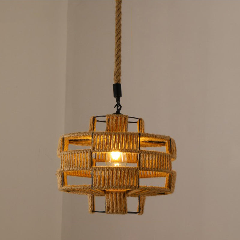 Hemp Rope Caged Hanging Light Vintage Single-Bulb Restaurant Lighting Pendant in Brown Brown M Clearhalo 'Ceiling Lights' 'Industrial Pendants' 'Industrial' 'Middle Century Pendants' 'Pendant Lights' 'Pendants' 'Tiffany' Lighting' 2227961