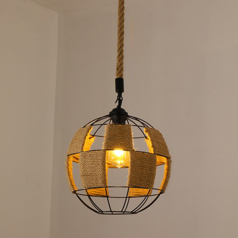 Hemp Rope Caged Hanging Light Vintage Single-Bulb Restaurant Lighting Pendant in Brown Brown L Clearhalo 'Ceiling Lights' 'Industrial Pendants' 'Industrial' 'Middle Century Pendants' 'Pendant Lights' 'Pendants' 'Tiffany' Lighting' 2227962