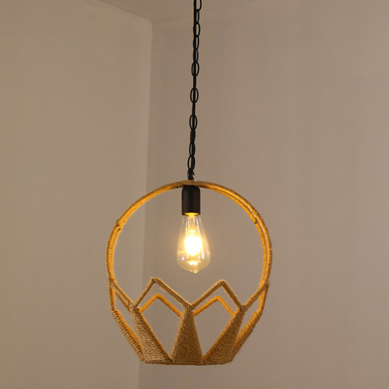 Hemp Rope Caged Hanging Light Vintage Single-Bulb Restaurant Lighting Pendant in Brown Brown J Clearhalo 'Ceiling Lights' 'Industrial Pendants' 'Industrial' 'Middle Century Pendants' 'Pendant Lights' 'Pendants' 'Tiffany' Lighting' 2227963