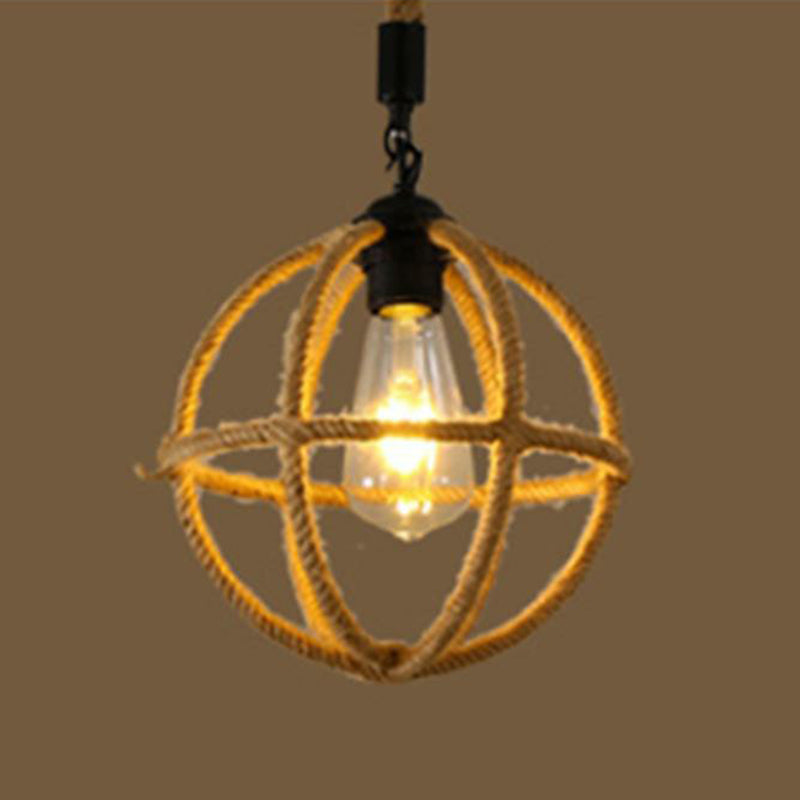 Hemp Rope Caged Hanging Light Vintage Single-Bulb Restaurant Lighting Pendant in Brown Brown B Clearhalo 'Ceiling Lights' 'Industrial Pendants' 'Industrial' 'Middle Century Pendants' 'Pendant Lights' 'Pendants' 'Tiffany' Lighting' 2227965