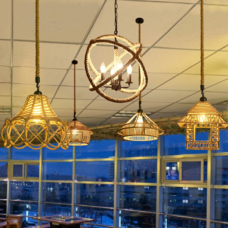 1-Light Pendant Light Antique Hemp Rope Hanging Light Fixture in Brown for Restaurant Clearhalo 'Ceiling Lights' 'Pendant Lights' 'Pendants' Lighting' 2227972