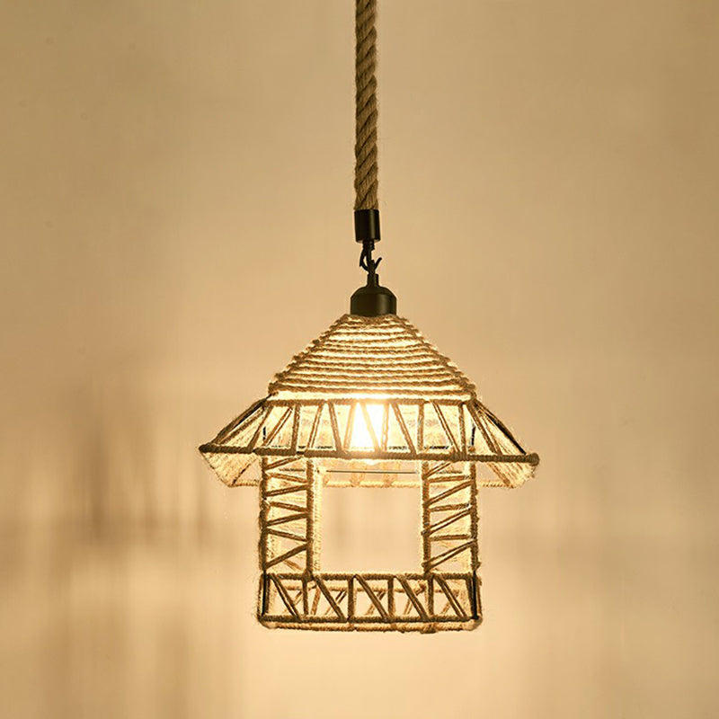 1-Light Pendant Light Antique Hemp Rope Hanging Light Fixture in Brown for Restaurant Clearhalo 'Ceiling Lights' 'Pendant Lights' 'Pendants' Lighting' 2227973