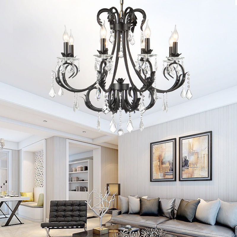 6/8 Bulbs Candle Pendant Chandelier Nordic Crystal Hanging Ceiling Light in Black for Living Room 8 Black Clearhalo 'Ceiling Lights' 'Chandeliers' 'Modern Chandeliers' 'Modern' Lighting' 222825