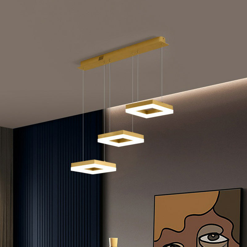 Contemporary Geometric LED Multi Ceiling Lamp Metallic 3 Bulbs Dining Room Suspension Light Fixture Gold Square Plate Clearhalo 'Ceiling Lights' 'Modern Pendants' 'Modern' 'Pendant Lights' 'Pendants' Lighting' 2228281