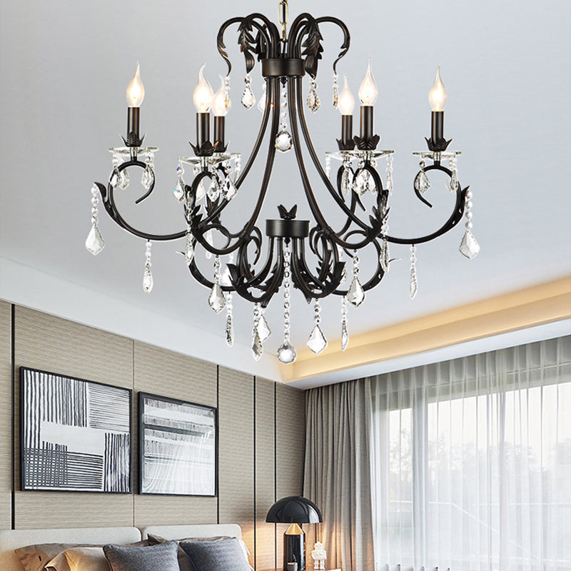 6/8 Bulbs Candle Pendant Chandelier Nordic Crystal Hanging Ceiling Light in Black for Living Room Clearhalo 'Ceiling Lights' 'Chandeliers' 'Modern Chandeliers' 'Modern' Lighting' 222829