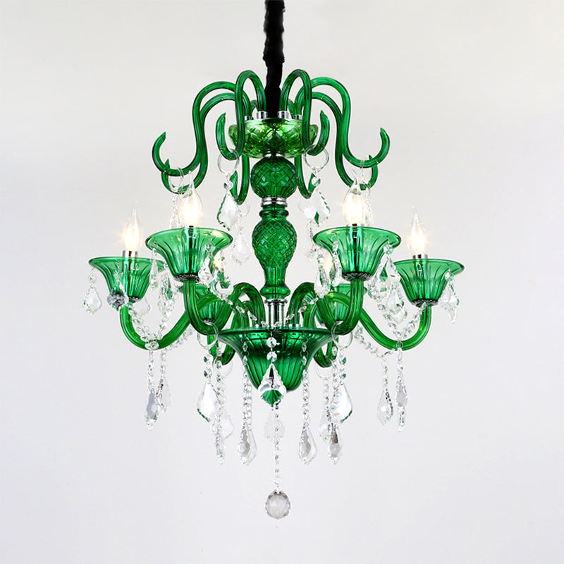 6 Heads Living Room Pendant Chandelier Retro Green Hanging Light Kit with Branch Crystal Shade Clearhalo 'Ceiling Lights' 'Chandeliers' 'Modern Chandeliers' 'Modern' Lighting' 222836