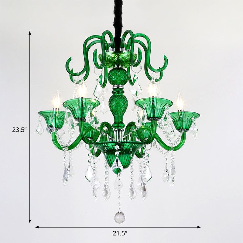 6 Heads Living Room Pendant Chandelier Retro Green Hanging Light Kit with Branch Crystal Shade Clearhalo 'Ceiling Lights' 'Chandeliers' 'Modern Chandeliers' 'Modern' Lighting' 222837