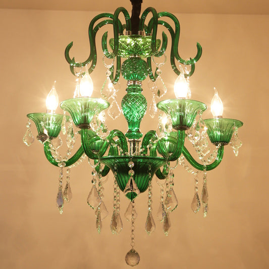 6 Heads Living Room Pendant Chandelier Retro Green Hanging Light Kit with Branch Crystal Shade Clearhalo 'Ceiling Lights' 'Chandeliers' 'Modern Chandeliers' 'Modern' Lighting' 222839