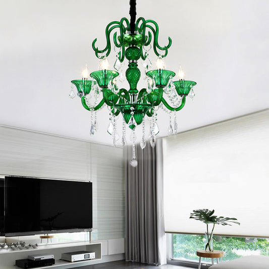 6 Heads Living Room Pendant Chandelier Retro Green Hanging Light Kit with Branch Crystal Shade Green Clearhalo 'Ceiling Lights' 'Chandeliers' 'Modern Chandeliers' 'Modern' Lighting' 222840