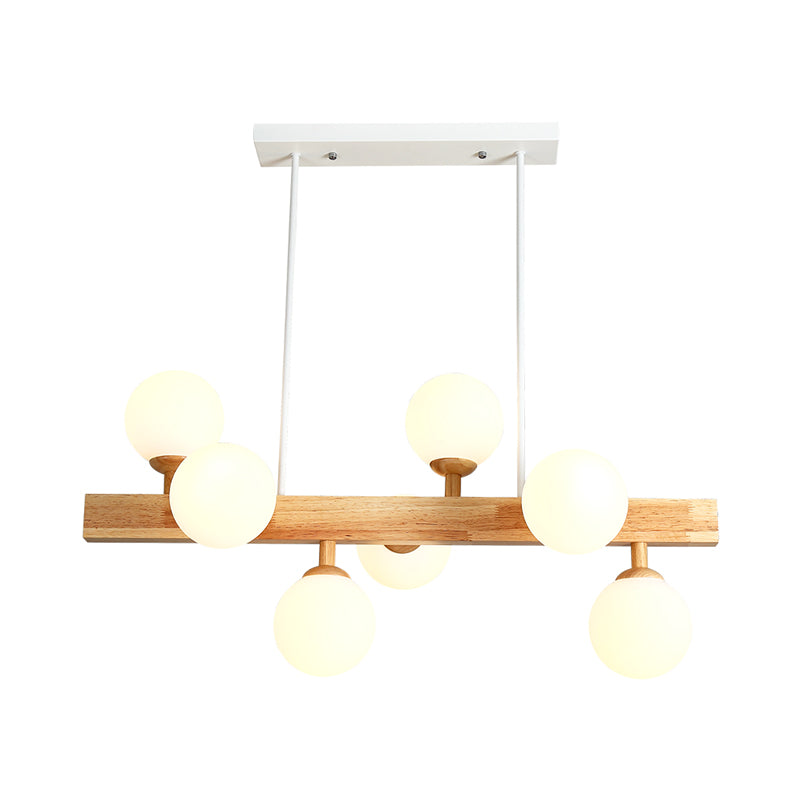 Opal Glass Globe Hanging Lamp Simplicity 7 Heads Island Chandelier Light in Wood for Dining Room Clearhalo 'Ceiling Lights' 'Island Lights' Lighting' 2228592