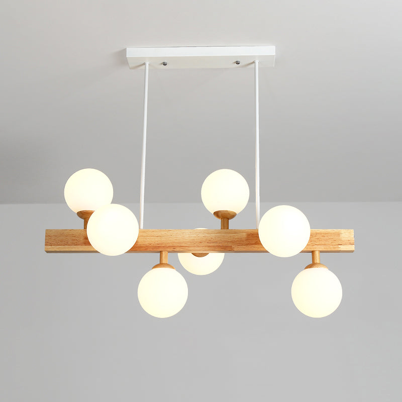 Opal Glass Globe Hanging Lamp Simplicity 7 Heads Island Chandelier Light in Wood for Dining Room Clearhalo 'Ceiling Lights' 'Island Lights' Lighting' 2228593