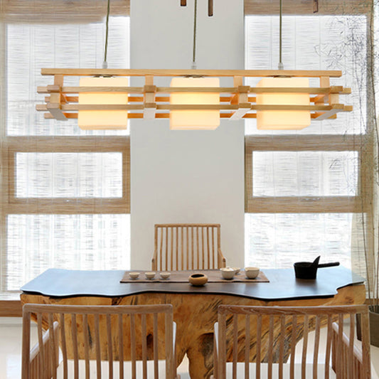 Cube Restaurant Island Light Fixture Blown Glass 3 Bulbs Japanese Ceiling Pendant Light in Wood Wood Clearhalo 'Ceiling Lights' 'Island Lights' Lighting' 2228594