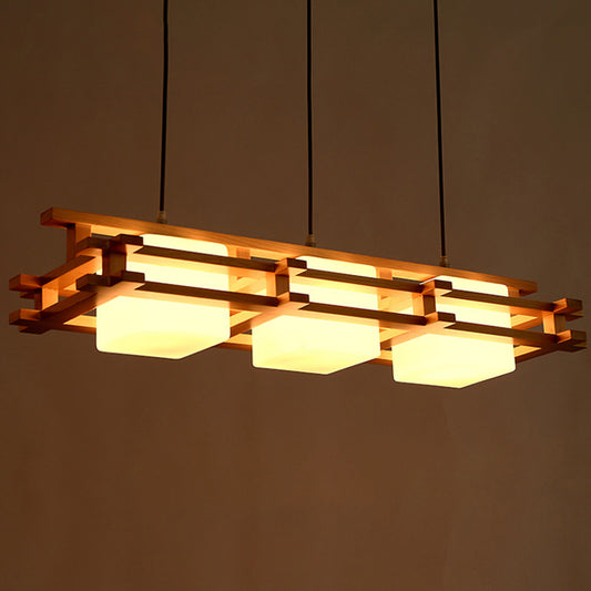 Cube Restaurant Island Light Fixture Blown Glass 3 Bulbs Japanese Ceiling Pendant Light in Wood Clearhalo 'Ceiling Lights' 'Island Lights' Lighting' 2228595