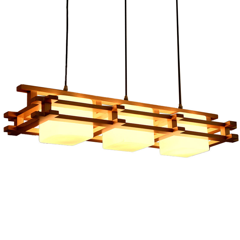 Cube Restaurant Island Light Fixture Blown Glass 3 Bulbs Japanese Ceiling Pendant Light in Wood Clearhalo 'Ceiling Lights' 'Island Lights' Lighting' 2228596