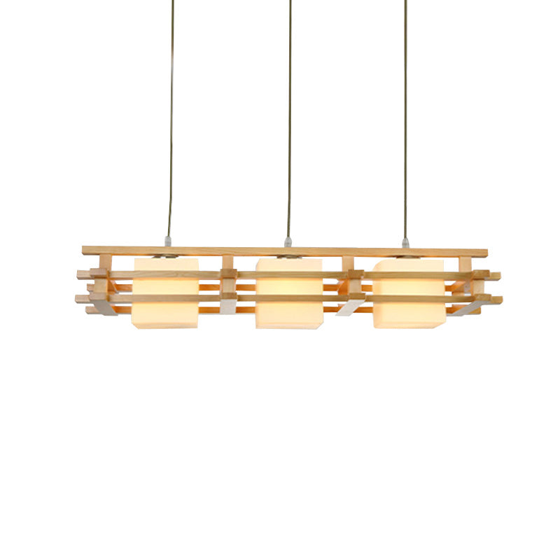 Cube Restaurant Island Light Fixture Blown Glass 3 Bulbs Japanese Ceiling Pendant Light in Wood Clearhalo 'Ceiling Lights' 'Island Lights' Lighting' 2228597